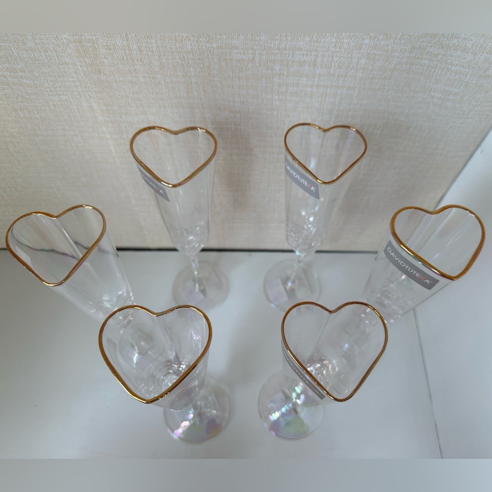 Six David Tutera Gold Heart Wedding Valentine Event Iridescent Champagne Glasses